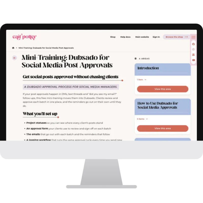 Social Media Post Approvals mini-training in MemberVault on a desktop screen
