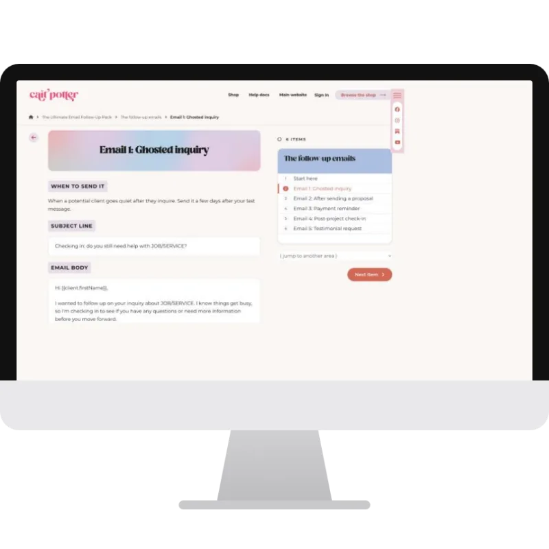 Ultimate Email Follow-Up Pack email lesson in MemberVault on a desktop screen