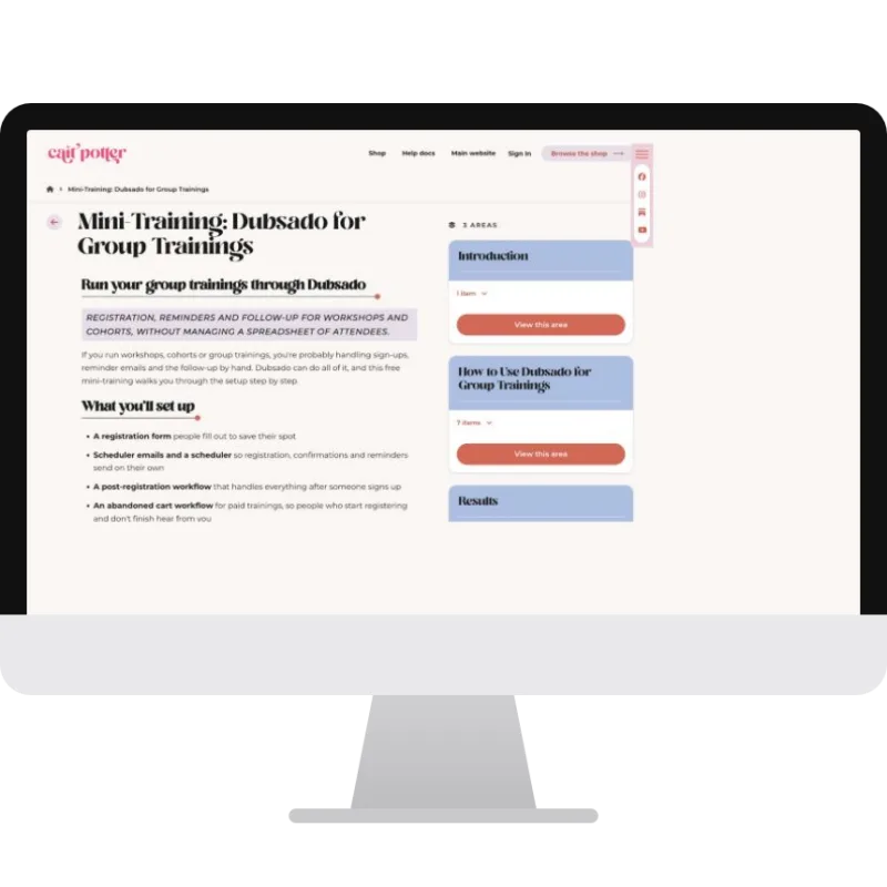 Dubsado for Group Trainings mini-training in MemberVault on a desktop screen
