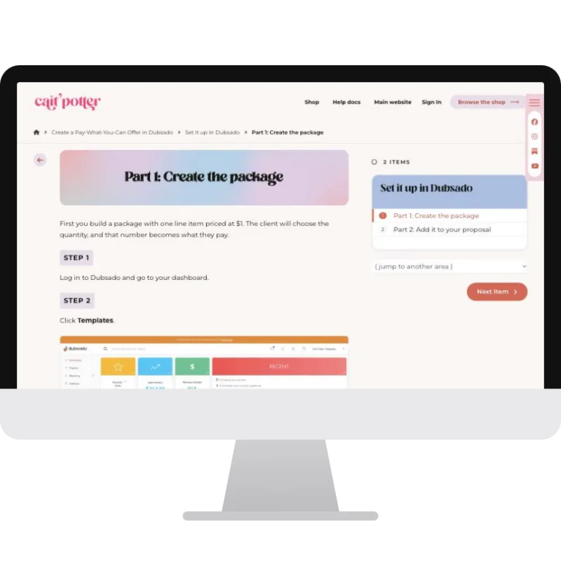 Pay-What-You-Can guide for Dubsado in MemberVault on a desktop screen