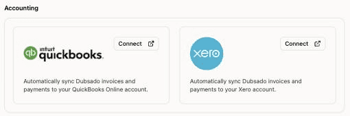 Dubsado 3.0 Settings, Connections: QuickBooks and Xero accounting connections