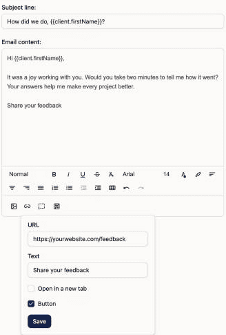 Dubsado 3.0 email link settings with the Button option checked