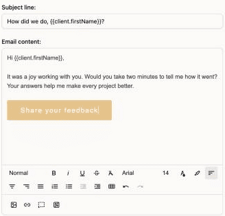 Dubsado 3.0 feedback request email with a Share your feedback button