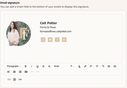 Dubsado 3.0 email signature with headshot, logo and social icons