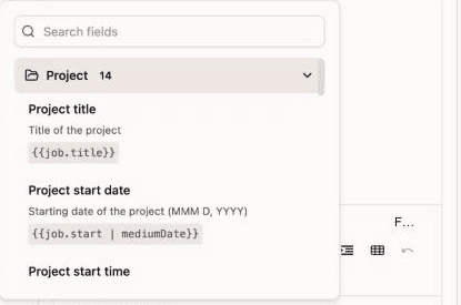 Dubsado 3.0 smart fields menu showing project fields