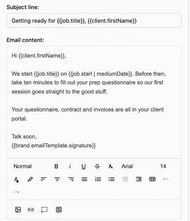 Dubsado 3.0 email template using client and project smart fields