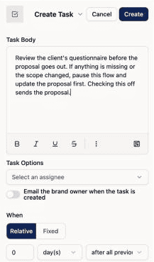 Dubsado 3.0 Create Task step with a well-written to-do explaining what to do if the next step should not go