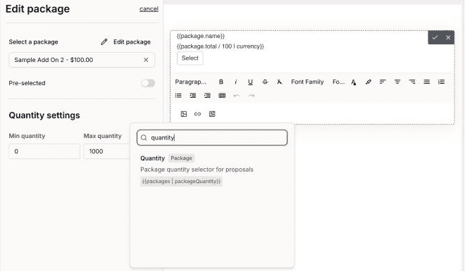 Dubsado 3.0 package Quantity smart field next to the minimum and maximum quantity settings