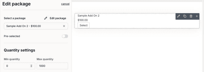 Dubsado 3.0 proposal package element showing the default Select button