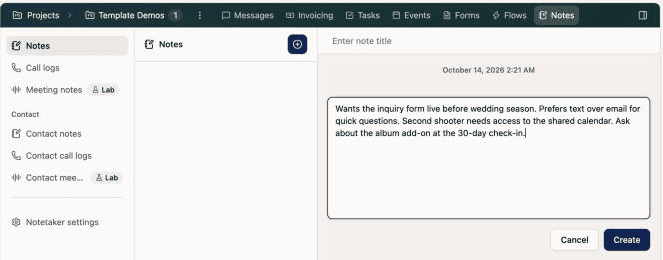 Dubsado 3.0 project Notes tab with a note being written, plus Call logs, Meeting notes and Contact notes