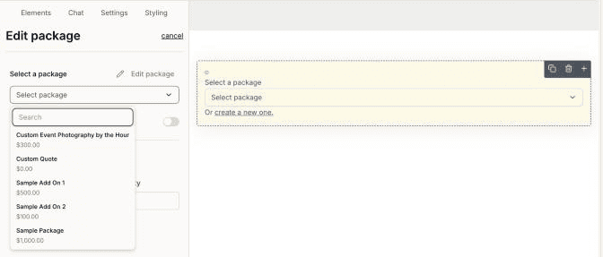 Dubsado 3.0 proposal builder: selecting a $0 package in the package element