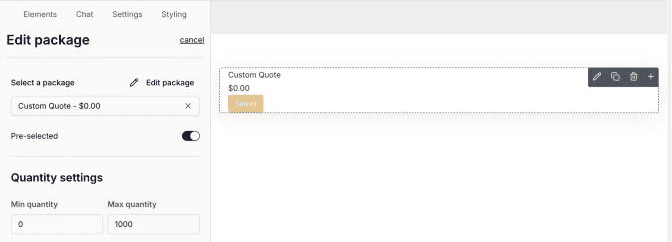 Dubsado 3.0 package element with the Pre-selected setting turned on