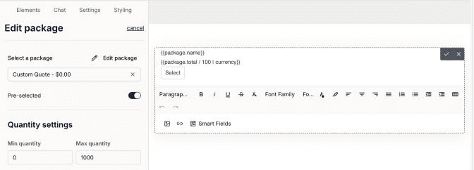 Dubsado 3.0 package element text with package name and price smart fields