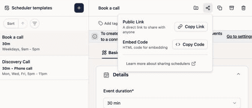 Dubsado 3.0 scheduler template share menu with Public Link and Embed Code
