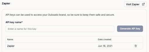 Dubsado 3.0 Settings, Connections: the Zapier section where you name and generate an API key