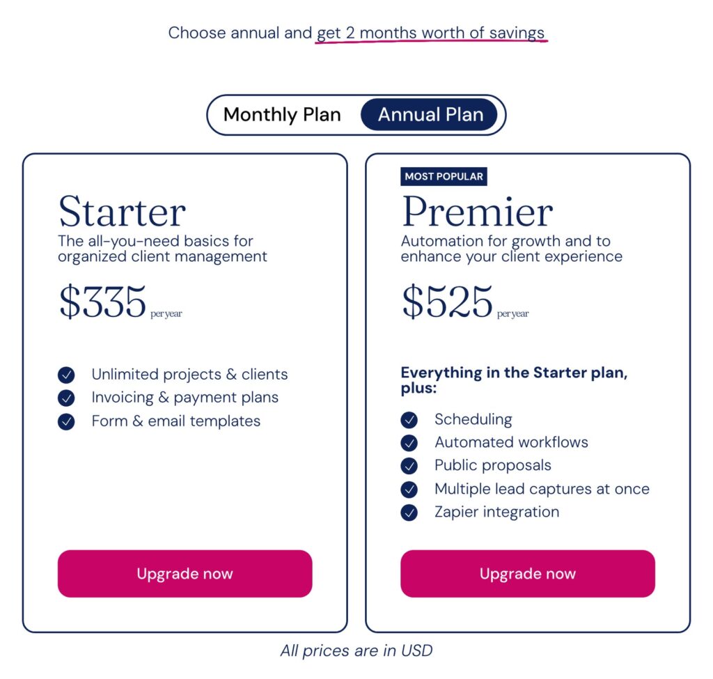 Screenshot of the Dubsado pricing page on annual billing: Starter at $335 per year and Premier at $525 per year, with Premier adding scheduling, automated workflows, public proposals and Zapier