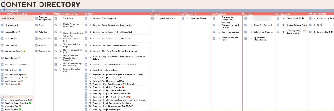 First Fruits Farm Dubsado workflow builder content directory listing project statuses, tags, emails, forms, proposals and payment plans