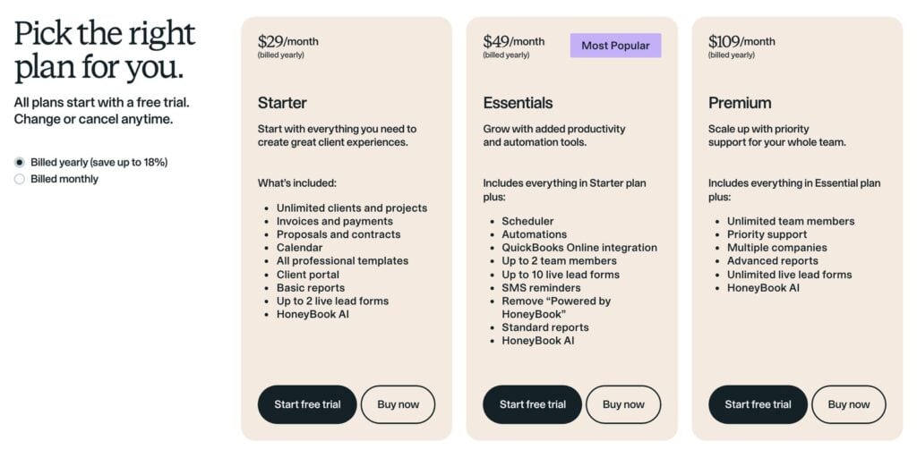 Screenshot of the HoneyBook pricing page billed yearly: Starter at $29 a month, Essentials at $49 a month and Premium at $109 a month