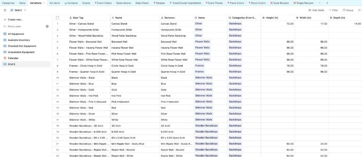 The Party Bar Airtable inventory base showing rental variations with gear tags, items, categories and dimensions